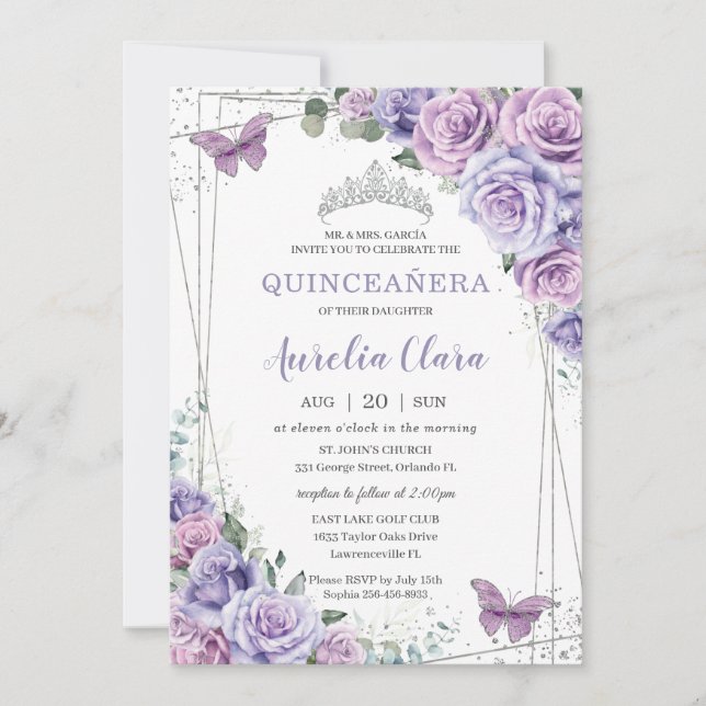 Invitación Morado Lilac Floral Butterflies Quinceanera (Anverso)