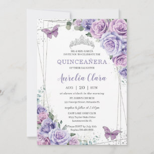 Invitación Morado Lilac Floral Butterflies Quinceanera