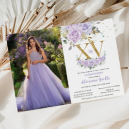 Invitación Morado Lilac Floral Gold XV Quinceañera 15 Foto