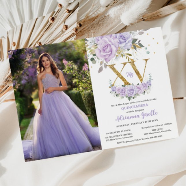 Invitación Morado Lilac Floral Gold XV Quinceañera 15 Foto (Subido por el creador)