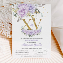 Invitación Morado Lilac Floral Gold XV Quinceañera Quince 15