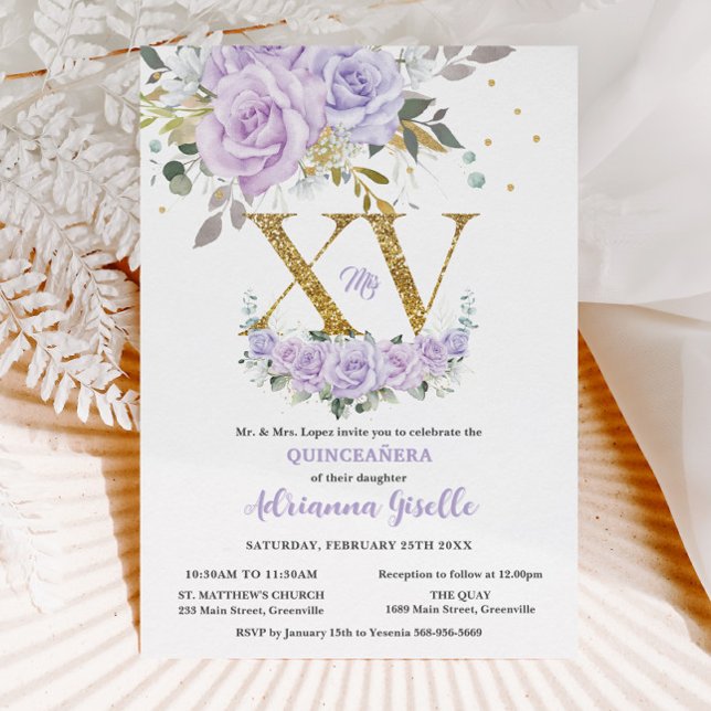 Invitación Morado Lilac Floral Gold XV Quinceañera Quince 15 (Subido por el creador)