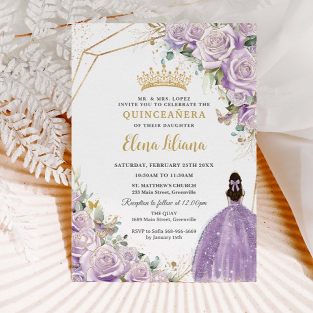 Invitación Morado Lilac Floral Princesa Dorada Quinceañera XV (Subido por el creador)