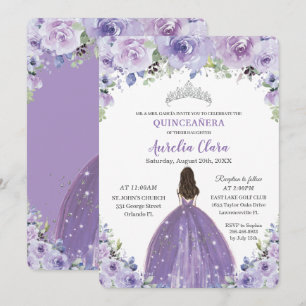 Invitación Morado Lilac Floral Quinceanera Princesa Cumpleaño