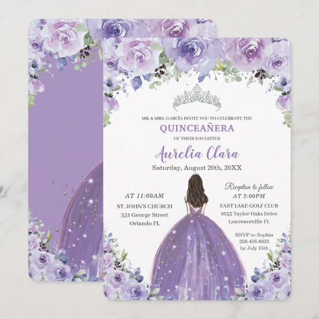 Invitación Morado Lilac Floral Quinceanera Princesa Cumpleaño (Anverso / Reverso)