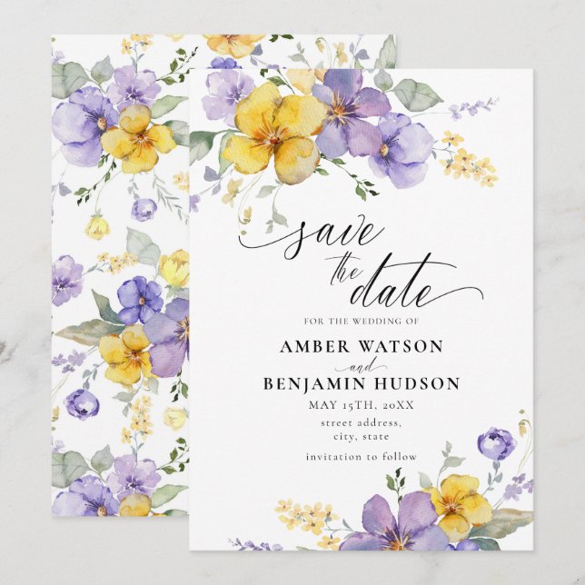 Invitación Morado Lilac Lavender Floral Amarilla Salvar La Fe (Anverso / Reverso)