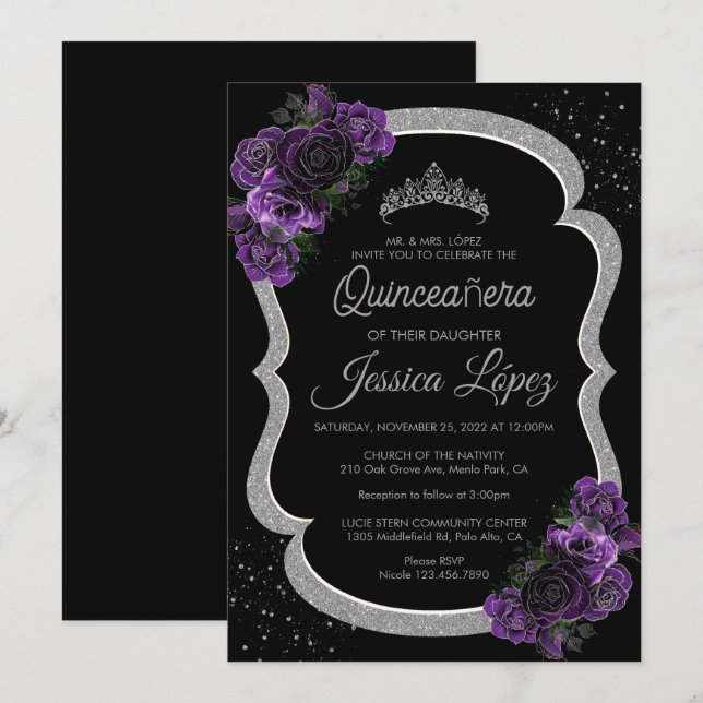 Invitación Morado Lilac Lavender Floral Quinceañera Silver (Anverso / Reverso)