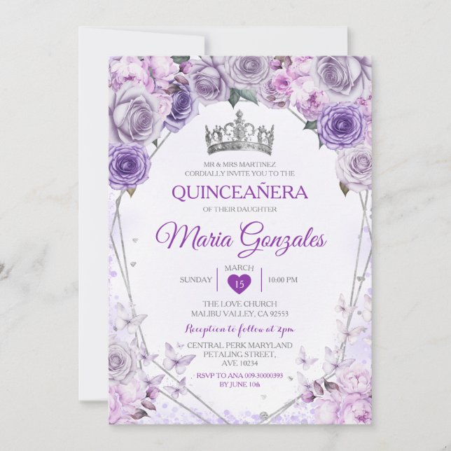 Invitación Morado Lilac Quinceañera Corona Mariposa Mexicana (Anverso)