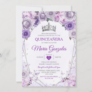 Invitación Morado Lilac Quinceañera Corona Mariposa Mexicana