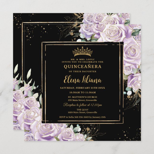 Invitación Morado Lilac Rosa Floral Oro Quinceanera Dulce 16 (Anverso / Reverso)