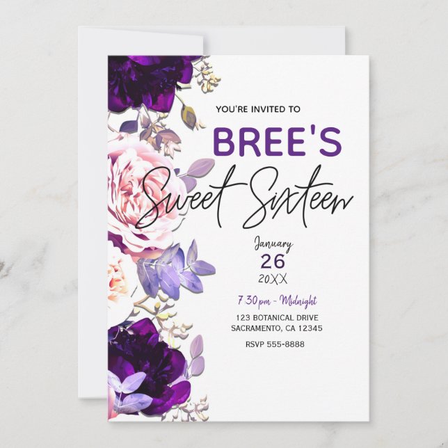 Invitación Morado Lilac Rosa Rosa Floral Morado Dulce Blanco  (Anverso)