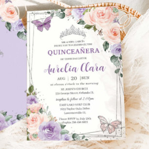 Invitación Morado Lilac Rubor Floral Silver Quinceañera XV 16