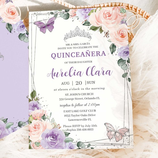 Invitación Morado Lilac Rubor Floral Silver Quinceañera XV 16 (Subido por el creador)