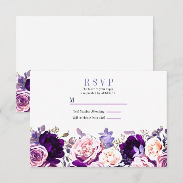 Invitación Morado Lilac y rosa Floral Boda blanca RSVP