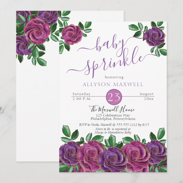 Invitación Morado | Magenta Acuarela Floral Bebé Sprinkle (Anverso / Reverso)
