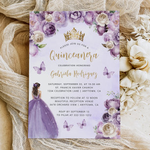 Invitación Morado Marfil Oro Floral Acuarela Quinceañera