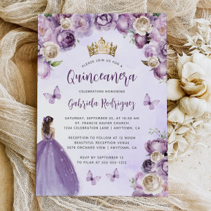 Invitación Morado Marfil Oro Floral Acuarela Quinceañera