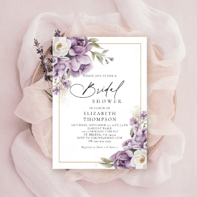 Invitación Morado Marfil Oro Floral Elegante Ducha Bridal (purple ivory gold bridal shower invitation watercolor elegant floral mauve green barn ranch garden)