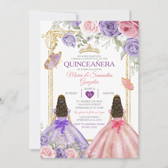Invitación Morado Mariposa Rosa Floral Twin Gold Quinceañera (Anverso)