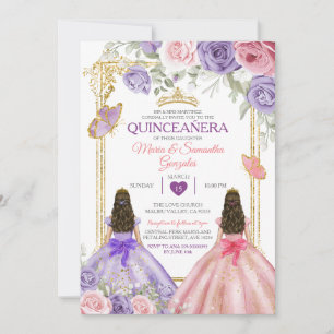 Invitación Morado Mariposa Rosa Floral Twin Gold Quinceañera