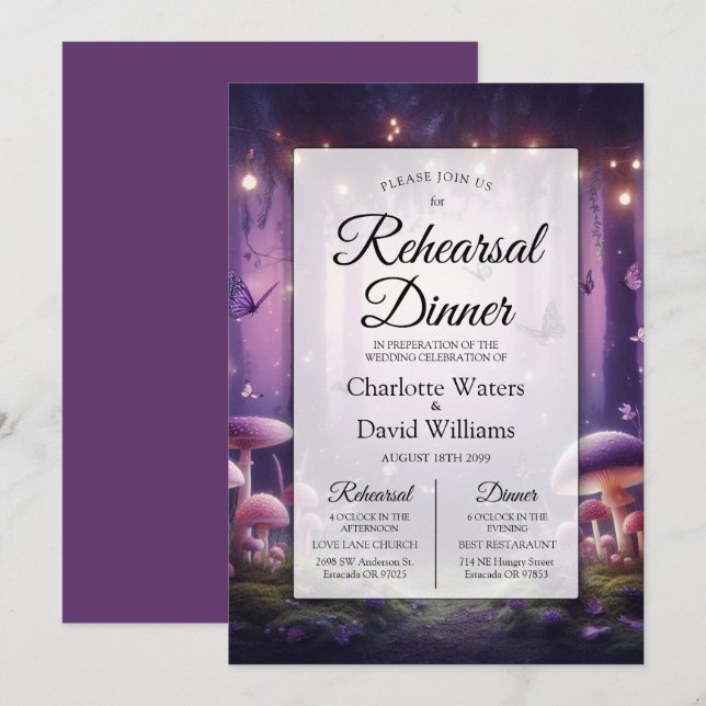 Invitación Morado mariposas Starlit Skies Ensayos Cena (Anverso / Reverso)