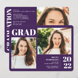 Invitación Morado minimalista moderno 3 fotos graduación