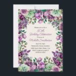 Invitación Morado Mint Green Watercolor Floral 50 cumpleaños<br><div class="desc">Celebra el gran 5-0 con esta elegante invitación de 50 años, decorada con un borde de rosas acuarelas, licores y vegetación en tonos violeta, lavanda y verde suave de menta. El elegante diseño floral y el elegante guión hacen que sea una manera atemporal de invitar a sus seres queridos a...</div>