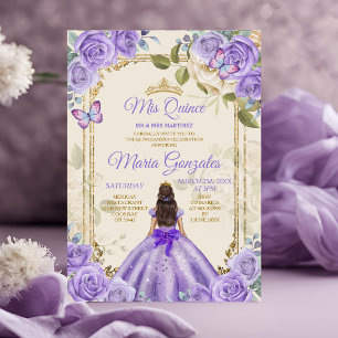 Invitación Morado Mis Quince 15 Anos Mariposa Corona de Oro
