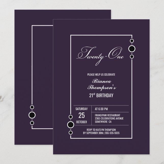 Invitación Morado moderno 21º cumpleaños (Anverso / Reverso)
