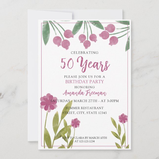 Invitación Morado moderno y flores verdes cumpleaños de madre (Anverso)