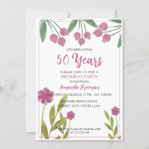 Invitación Morado moderno y flores verdes cumpleaños de madre