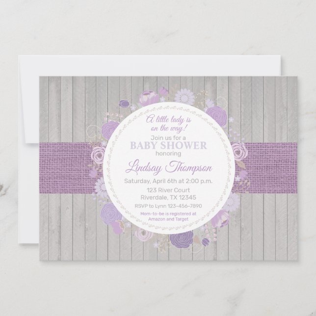 Invitación Morado morado Chica de madera floral rústica Baby  (Anverso)
