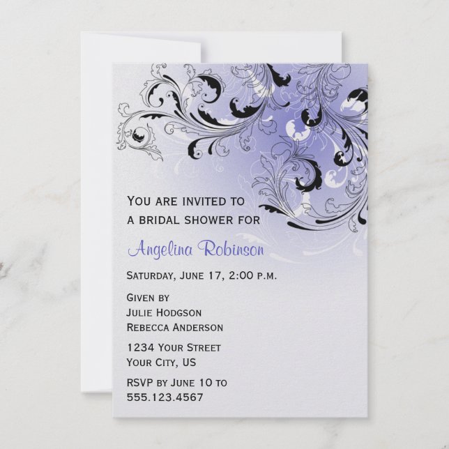 Invitación Morado Negro Abstract Swirls Bridal Shower Invitat (Anverso)