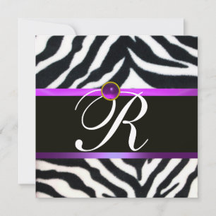 INVITACIÓN MORADO NEGRO BLANCO MONOGRAMA DE PELAJE DE CEBRA ,