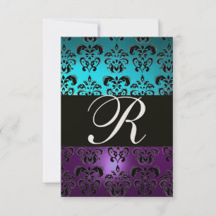 Invitación MORADO NEGRO DAMA MONOGRAMA RSVP , azul turquesa