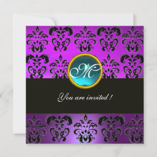 Invitación MORADO NEGRO  DAMASCO MONOGRAMA, aguamarina azul