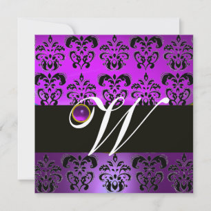 INVITACIÓN MORADO NEGRO DAMASCO MONOGRAMA AMETISTA PLATA META