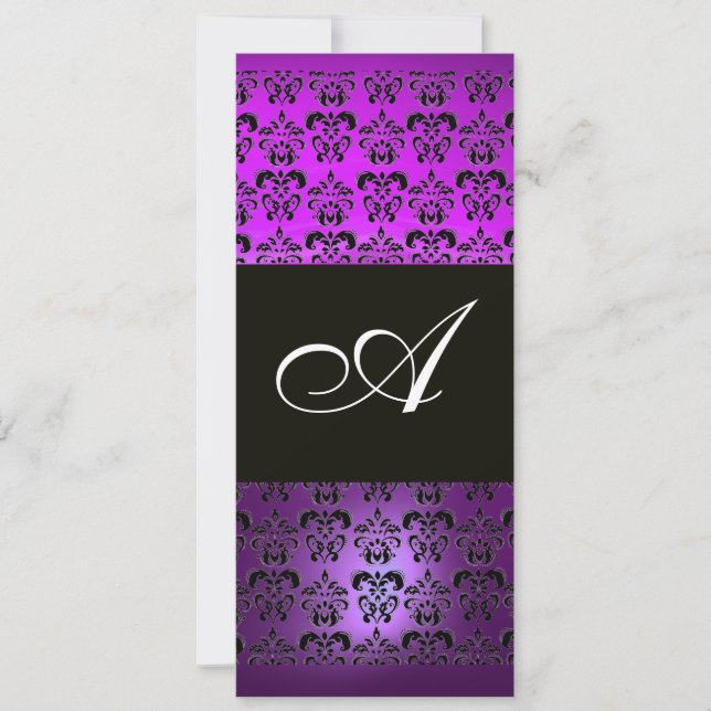 Invitación MORADO NEGRO  DAMASCO MONOGRAMA , blanco (Anverso)