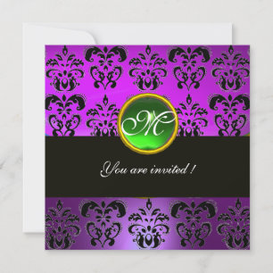 Invitación MORADO NEGRO  DAMASCO MONOGRAMA, esmeralda verde
