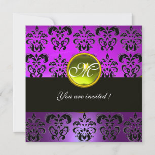 Invitación MORADO NEGRO DAMASCO MONOGRAMA, topacio amarillo