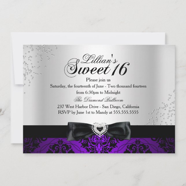 Invitación Morado negro Damask Sparkle Sweet 16 Invite (Anverso)
