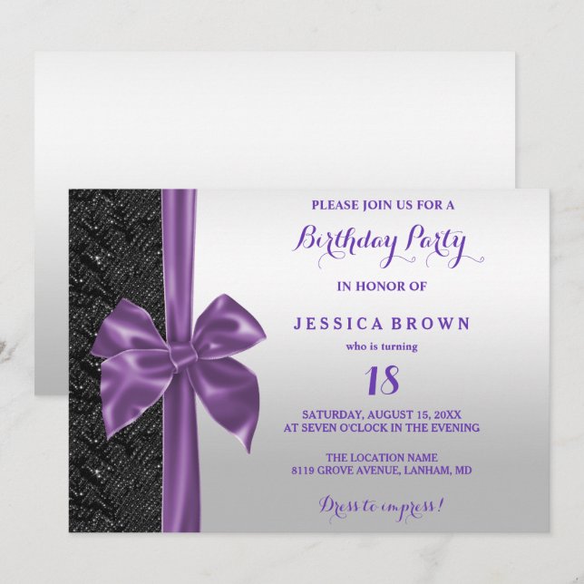 Invitación Morado negro de seda púrpura secuela 18 cumpleaños (Anverso / Reverso)