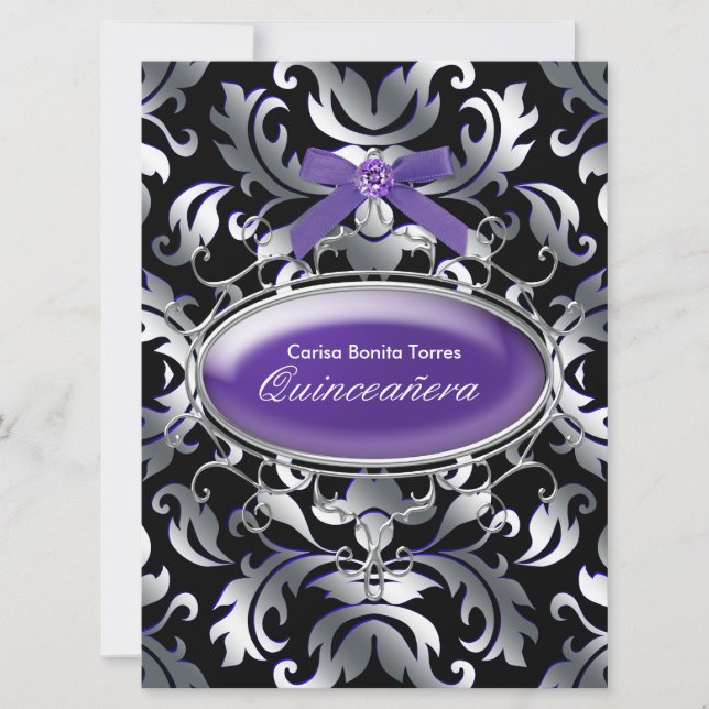 Invitación Morado negro plateado Damasco púrpura Quinceanera (Anverso)