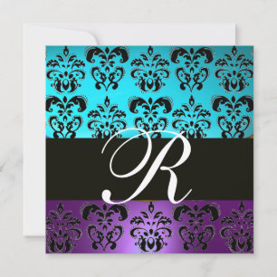 INVITACIÓN MORADO NEGRO TERRACOTA AZUL TURQUESA DAMASCO MONOG