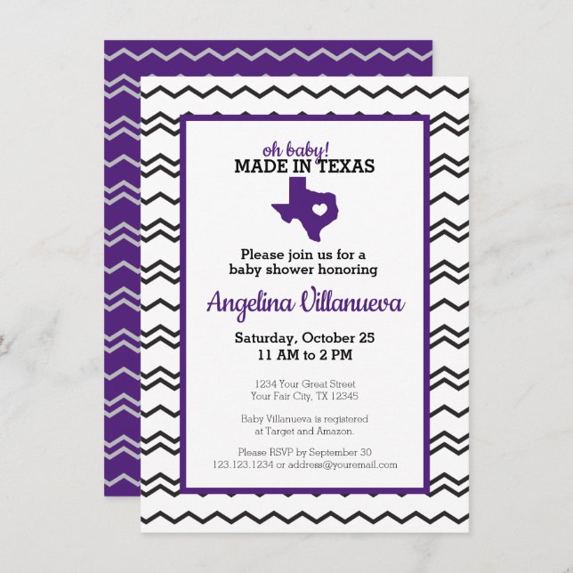 Invitación ¡Morado Oh Bebé! Chevron hecho en la ducha de Texa (Anverso / Reverso)