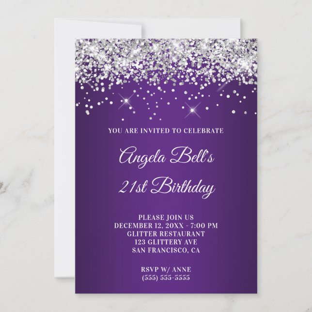 Invitación Morado Ombre 21º cumpleaños del Purpurina Sparkly  (Anverso)