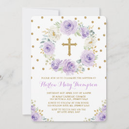 Invitación Morado Oro Acuarela Floral Baptismo Christening