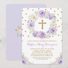 Invitación Morado Oro Acuarela Floral Baptismo Christening