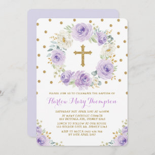 Invitación Morado Oro Acuarela Floral Baptismo Christening