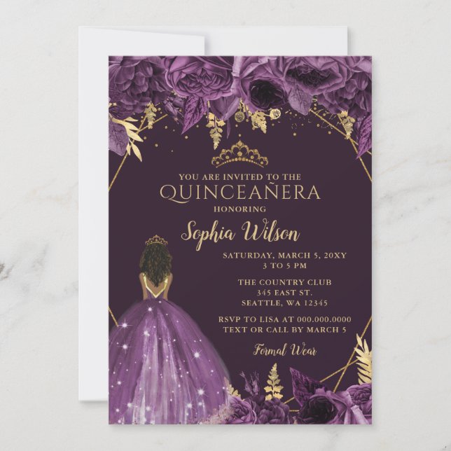 Invitación Morado oro Floral Tan Princesa Quinceañera (Anverso)